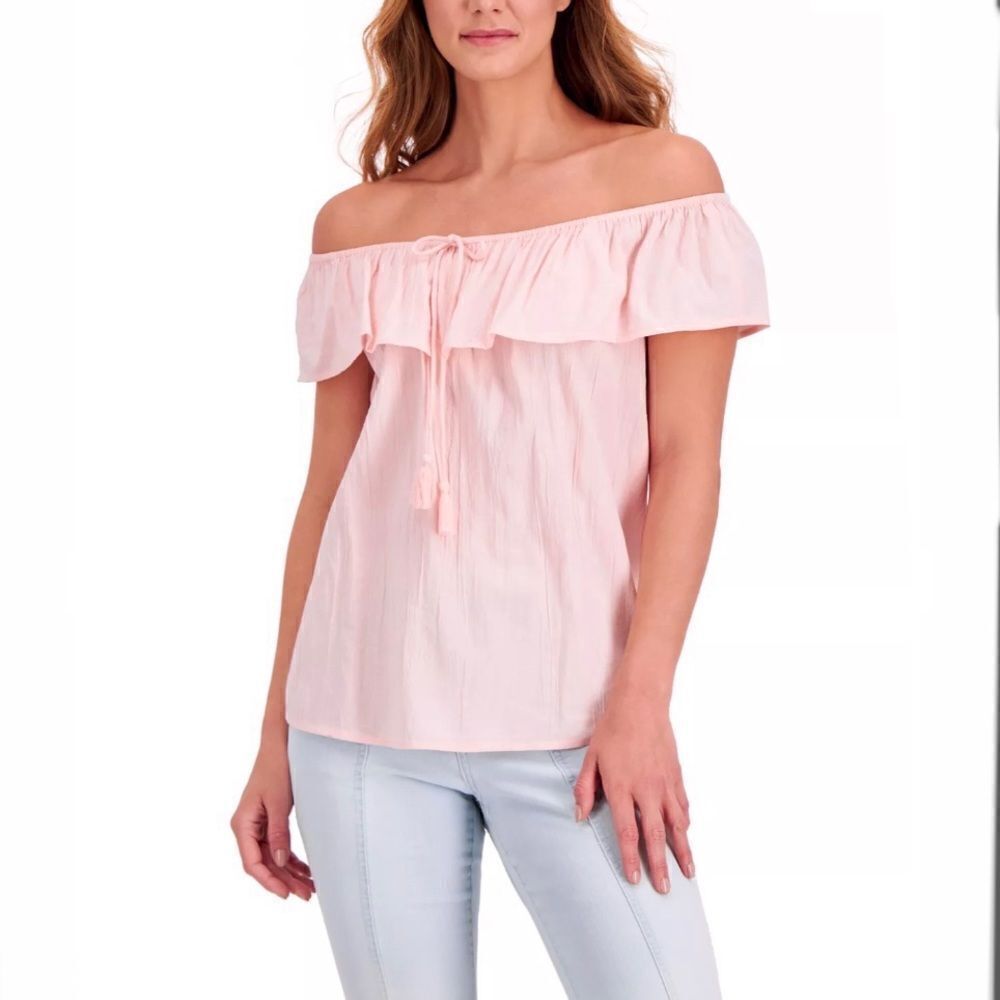 NWT Style & Co Sz L & XL Pink Peasant Ruffle tie detail top